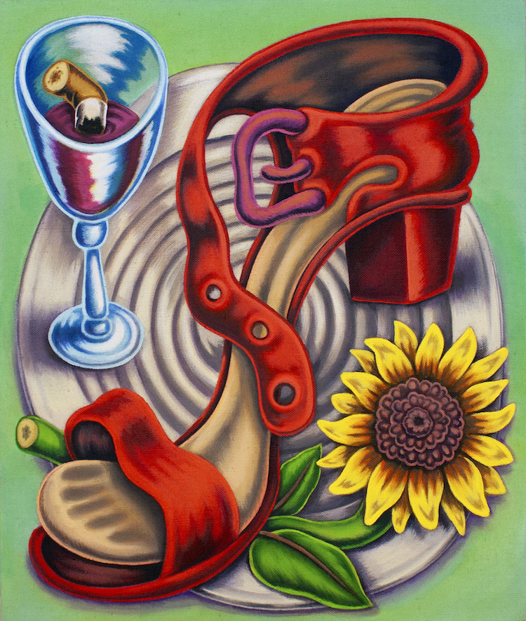 "Shoe and flower on plate with last nights glass of wine," Pedro Pedro.